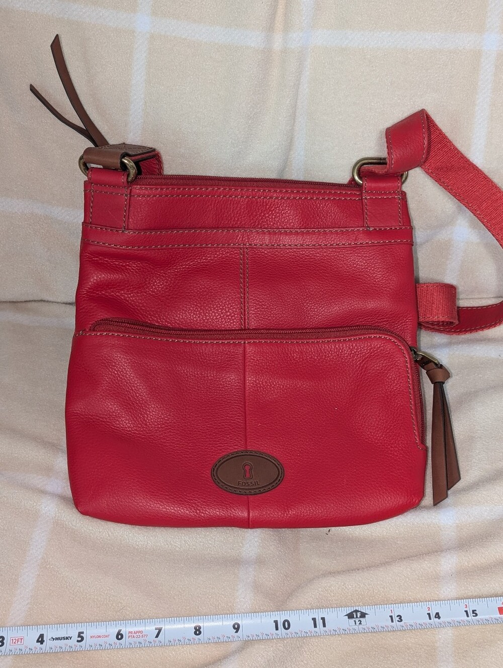 Fossil Red Leather Crossbody with Brown Trim